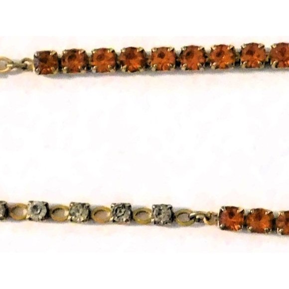 Vintage Amber Rhinestone Necklace 15 Inch Matching Clip Earrings Gold Plated - Picture 3 of 10